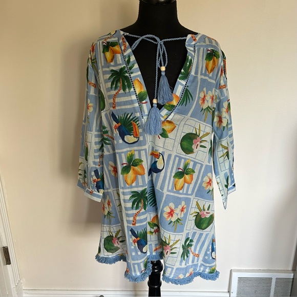 True Destinations Women’s Cover Up Resort Tropical Blue Floral Tunic Top. Size M - Picture 3 of 14